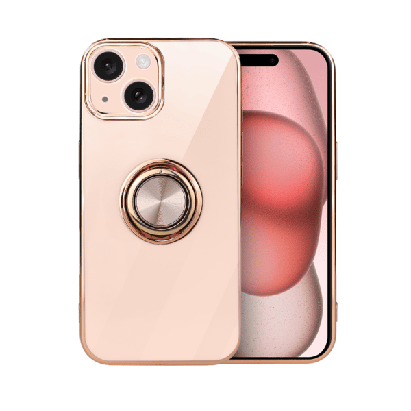 Etui do iPhone 15 eleganckie, ze złotym, metalowym uchwytem i zdobieniami, osłona na aparat, złoty róż (OUTLET)