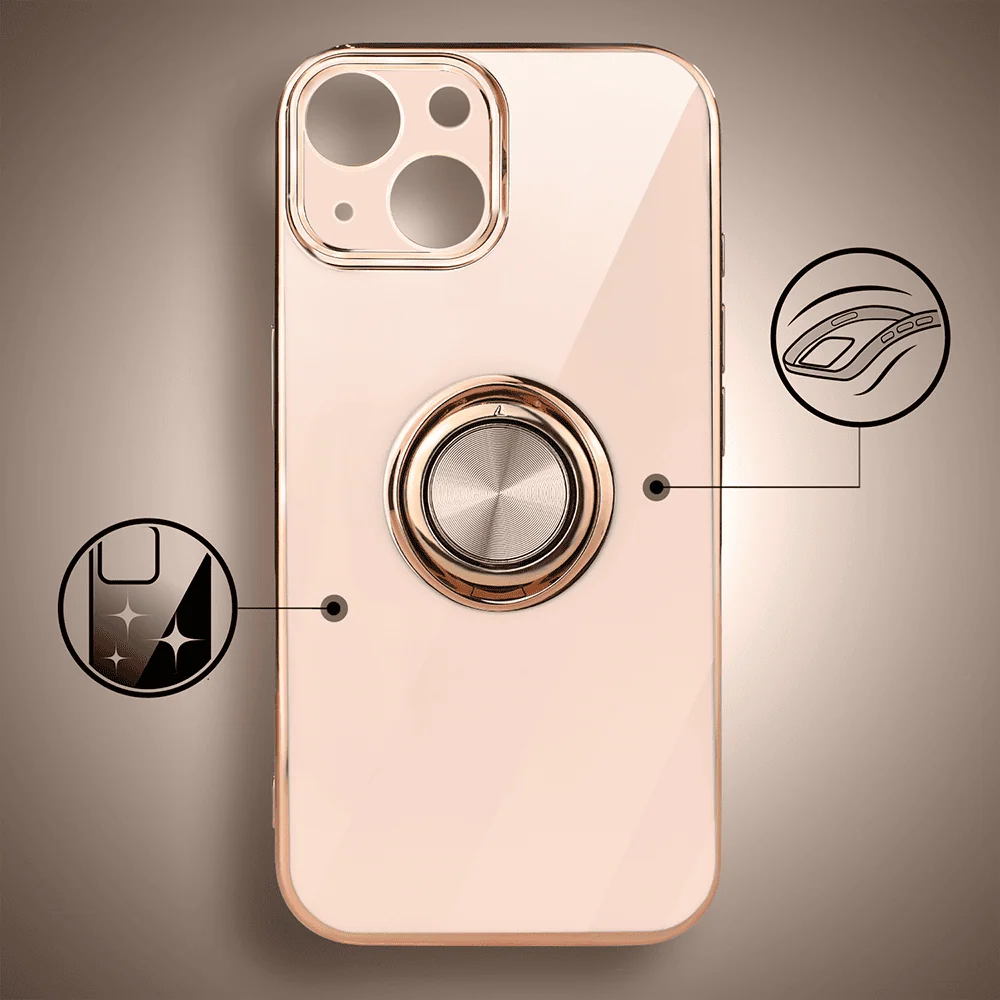 iPhone 15 eleganckie, ze złotym, metalowym uchwytem i zdobieniami, złoty róż, nowe (6)