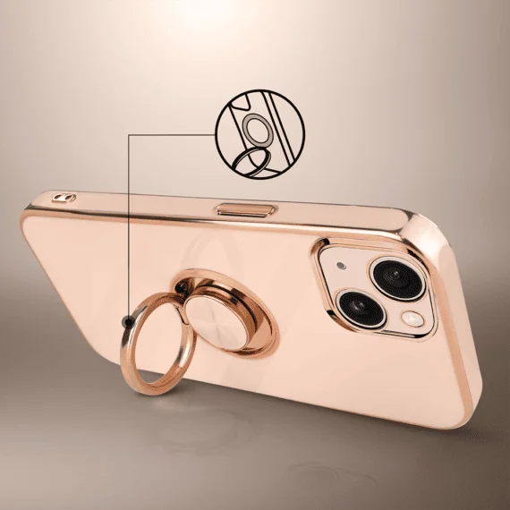 iPhone 15 eleganckie, ze złotym, metalowym uchwytem i zdobieniami, złoty róż, nowe (7)
