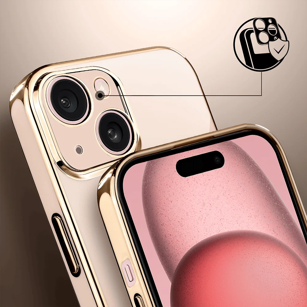 iPhone 15 eleganckie, ze złotym, metalowym uchwytem i zdobieniami, złoty róż, nowe (8)