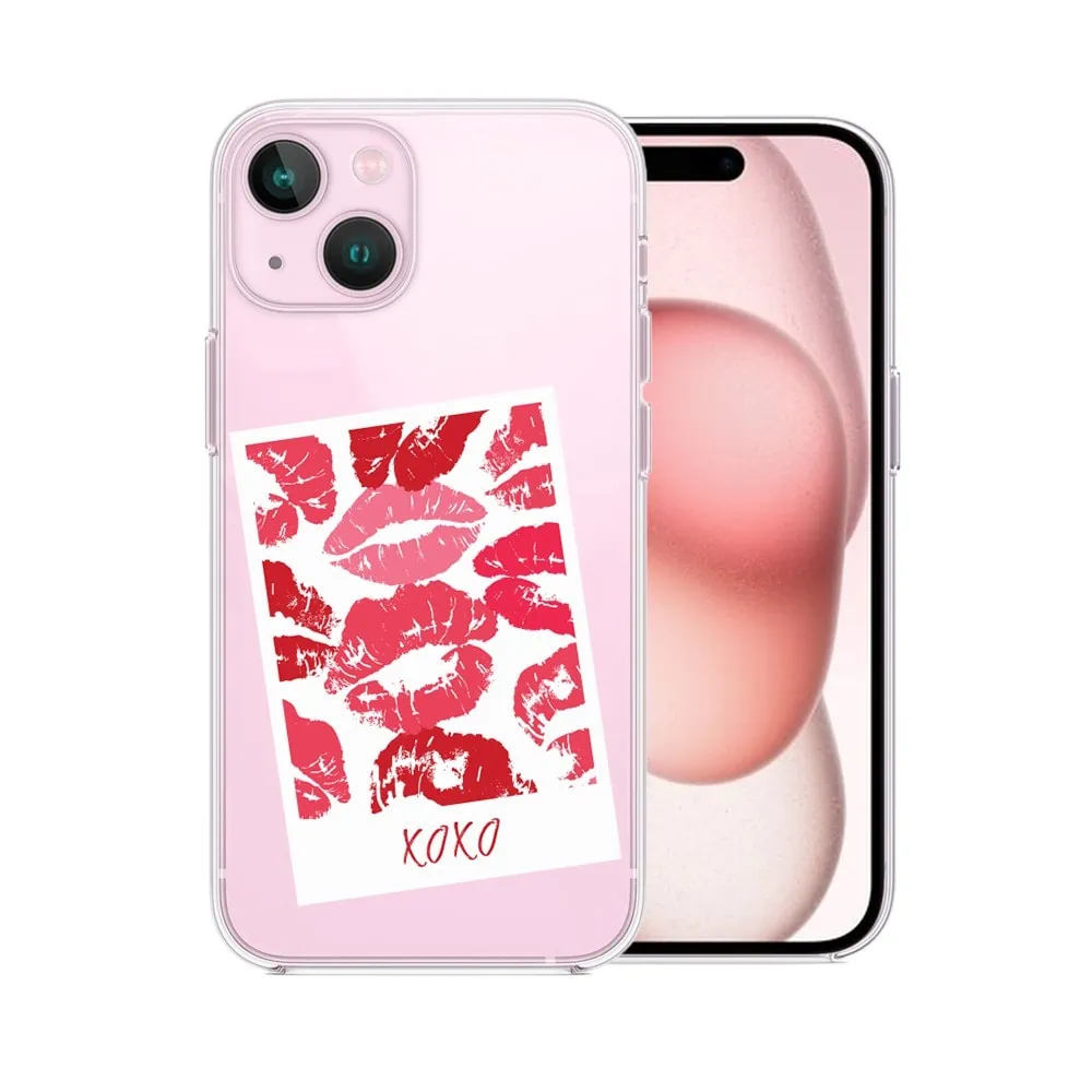 Etui do iPhone 15, przeźroczyste, polaroid z pocałunkami i napisem “xoxo”