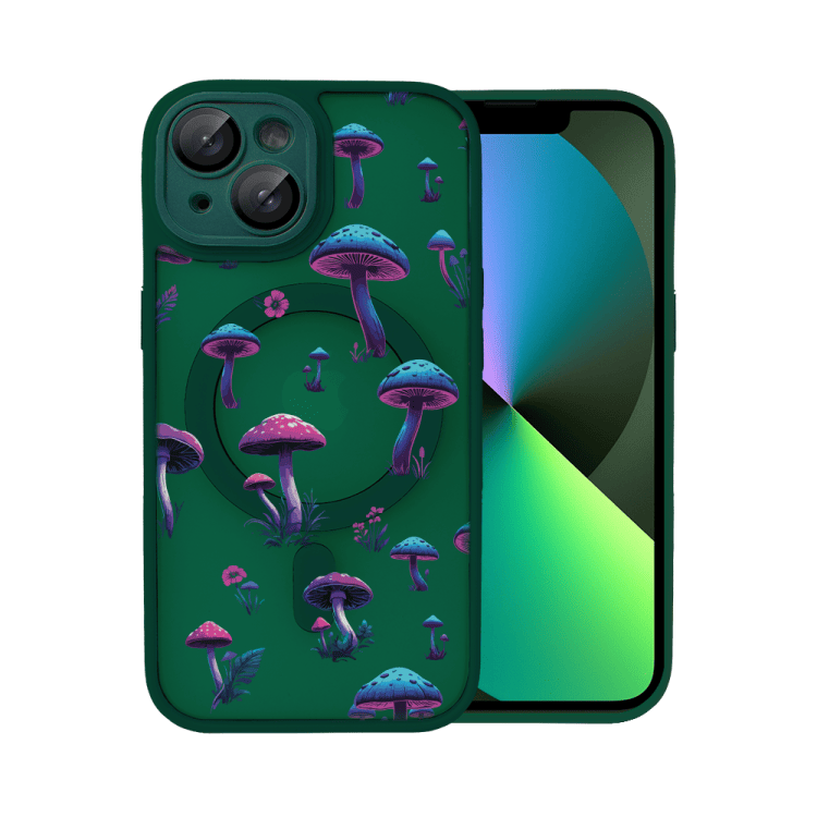 etui do iphone 13 color flush z magsafe, z osłoną aparatu, z nadrukiem magiczne grzybki, ciemno zielone
