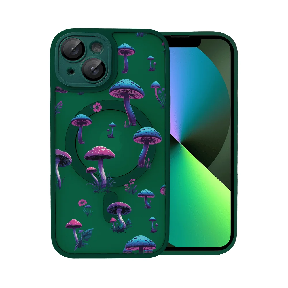 etui do iphone 13 color flush z magsafe, z osłoną aparatu, z nadrukiem magiczne grzybki, ciemno zielone