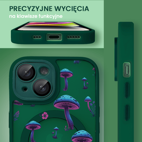 etui do iphone 13 color flush z magsafe, z osłoną aparatu, z nadrukiem magiczne grzybki, ciemno zielone
