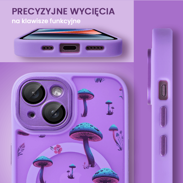 etui do iphone 13 color flush z magsafe, z osłoną aparatu, z nadrukiem magiczne grzybki, fioletowe