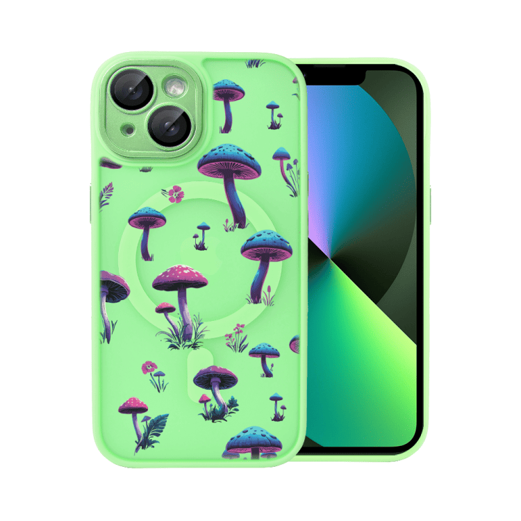 etui do iphone 13 color flush z magsafe, z osłoną aparatu, z nadrukiem magiczne grzybki, jasno zielone
