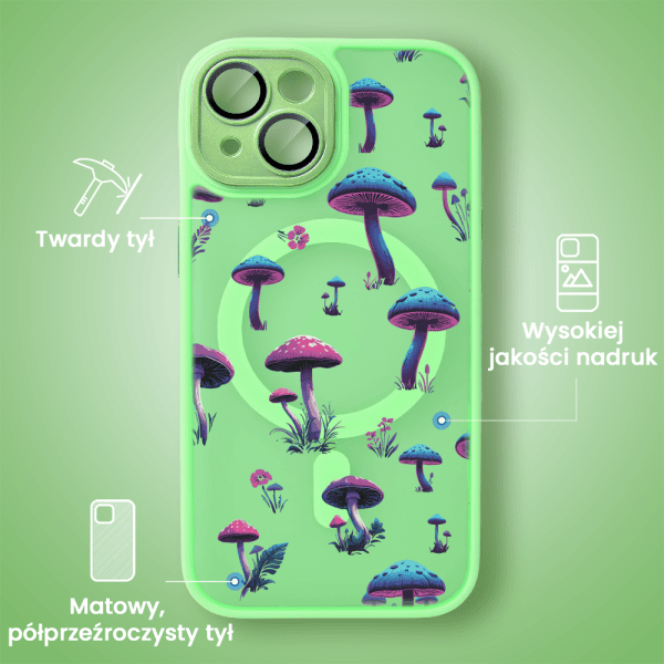 etui do iphone 13 color flush z magsafe, z osłoną aparatu, z nadrukiem magiczne grzybki, jasno zielone