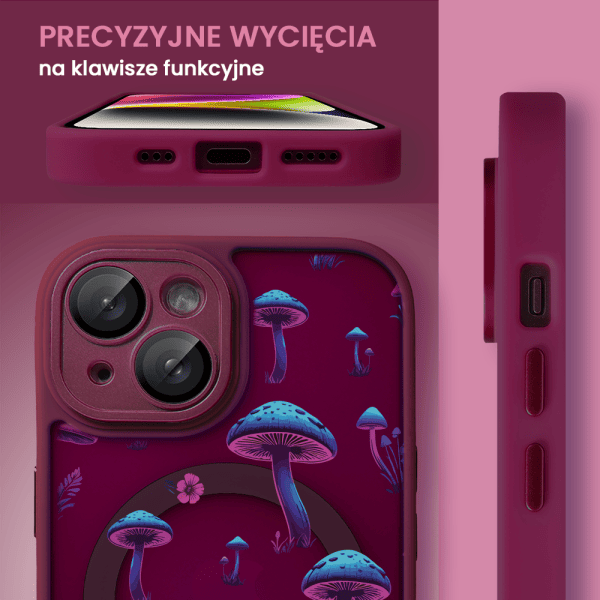 etui do iphone 13 color flush z magsafe, z osłoną aparatu, z nadrukiem magiczne grzybki, wiśniowe