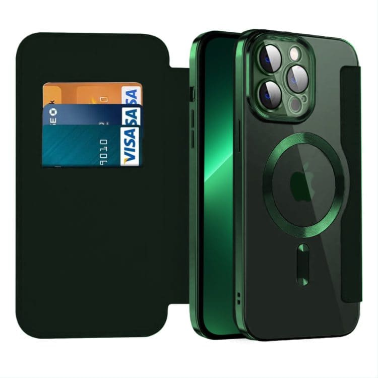 etui do iphone 13 pro typu książka book magsafe lens protect, z klapką, zielone
