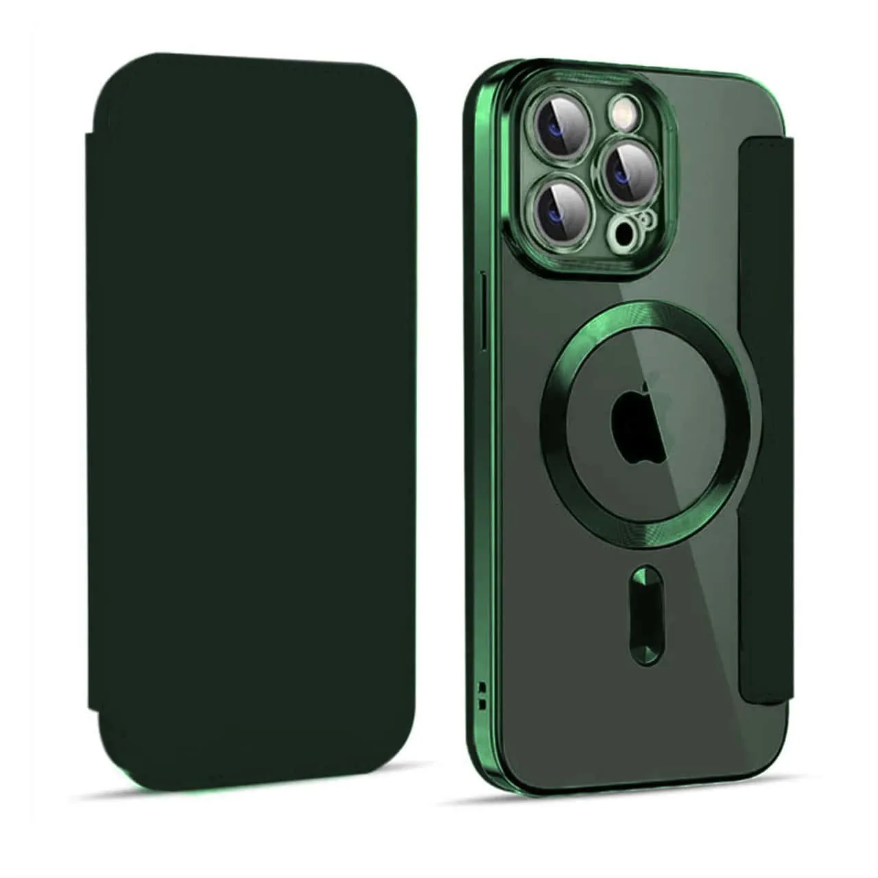 Etui do iPhone 13 Pro Max typu książka Book Magsafe Lens Protect, z klapką, zielone