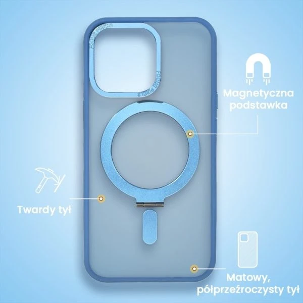 etui do iphone 13 pro max metal cam magsafe stand z podstawką, twarde, półprzeźroczyste, jasno niebieskie