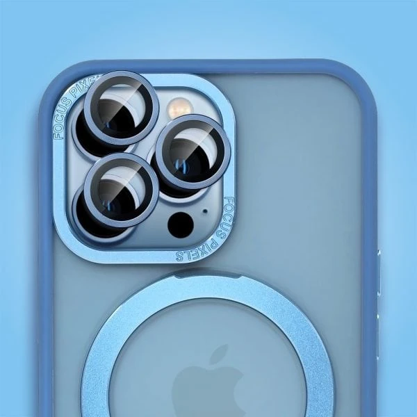 etui do iphone 13 pro max metal cam magsafe stand z podstawką, twarde, półprzeźroczyste, jasno niebieskie