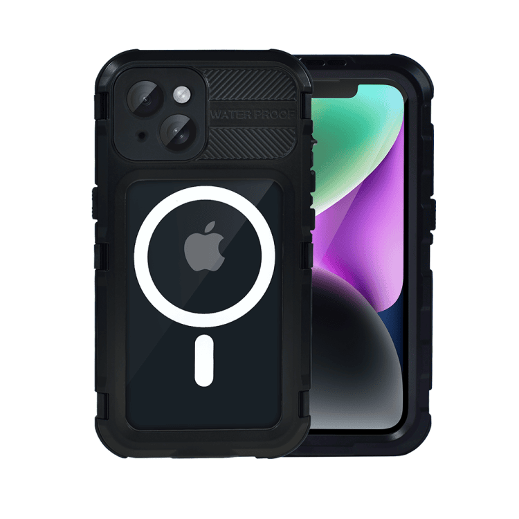 etui do iphone 14 total protect z magsafe, wodoodporne, metalowe, przeźroczyste, czarne