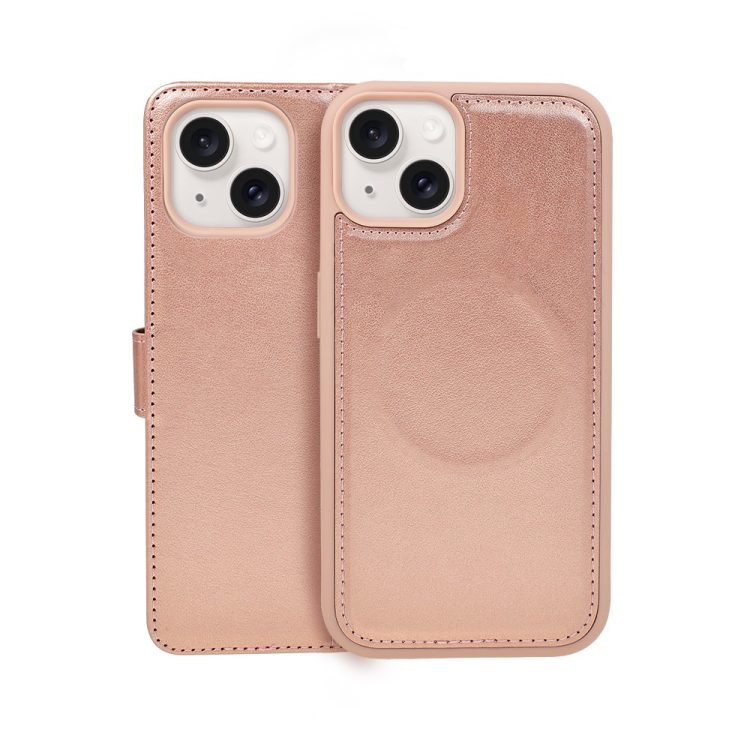 etui do iphone 14 3w1 magsafe double book, zestaw etui oraz kabura z podstawką, różowe złoto