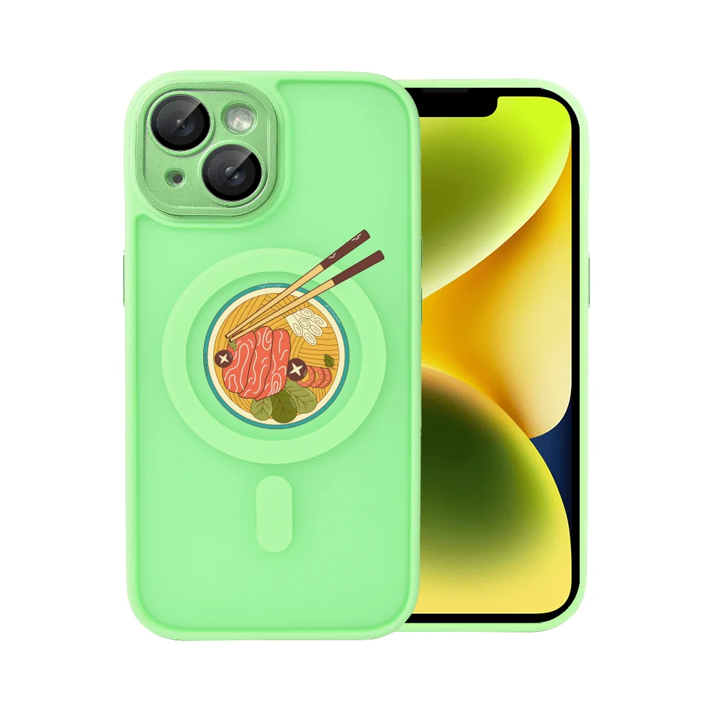 etui do iphone 14 color flush z magsafe, z osłoną aparatu, z nadrukiem “ramen”, jasno zielone