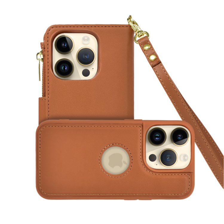 etui do iphone 14 pro max 2w1 magsafe double wallet, zestaw etui oraz kabura ze smyczą, brązowe