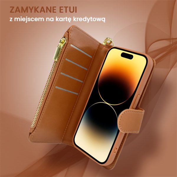 etui do iphone 14 pro max 2w1 magsafe double wallet, zestaw etui oraz kabura ze smyczą, brązowe