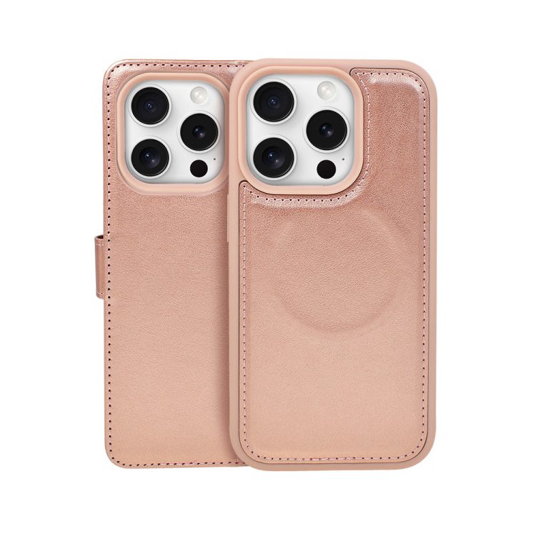 etui do iphone 14 pro max 3w1 magsafe double book, zestaw etui oraz kabura z podstawką, różowe złoto