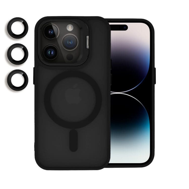etui do iphone 14 pro arctic stand, półprzeźroczyste, z osłoną aparatu i podstawką, czarne