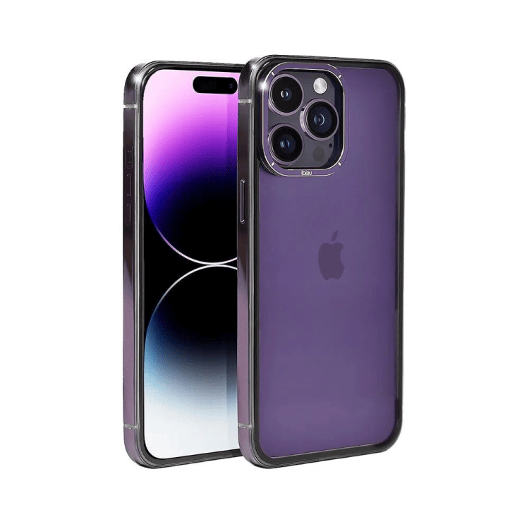 etui do iphone 14 pro max ibizu elite skin cam ring, krystalicznie czyste z metalową ramką, purpurowe