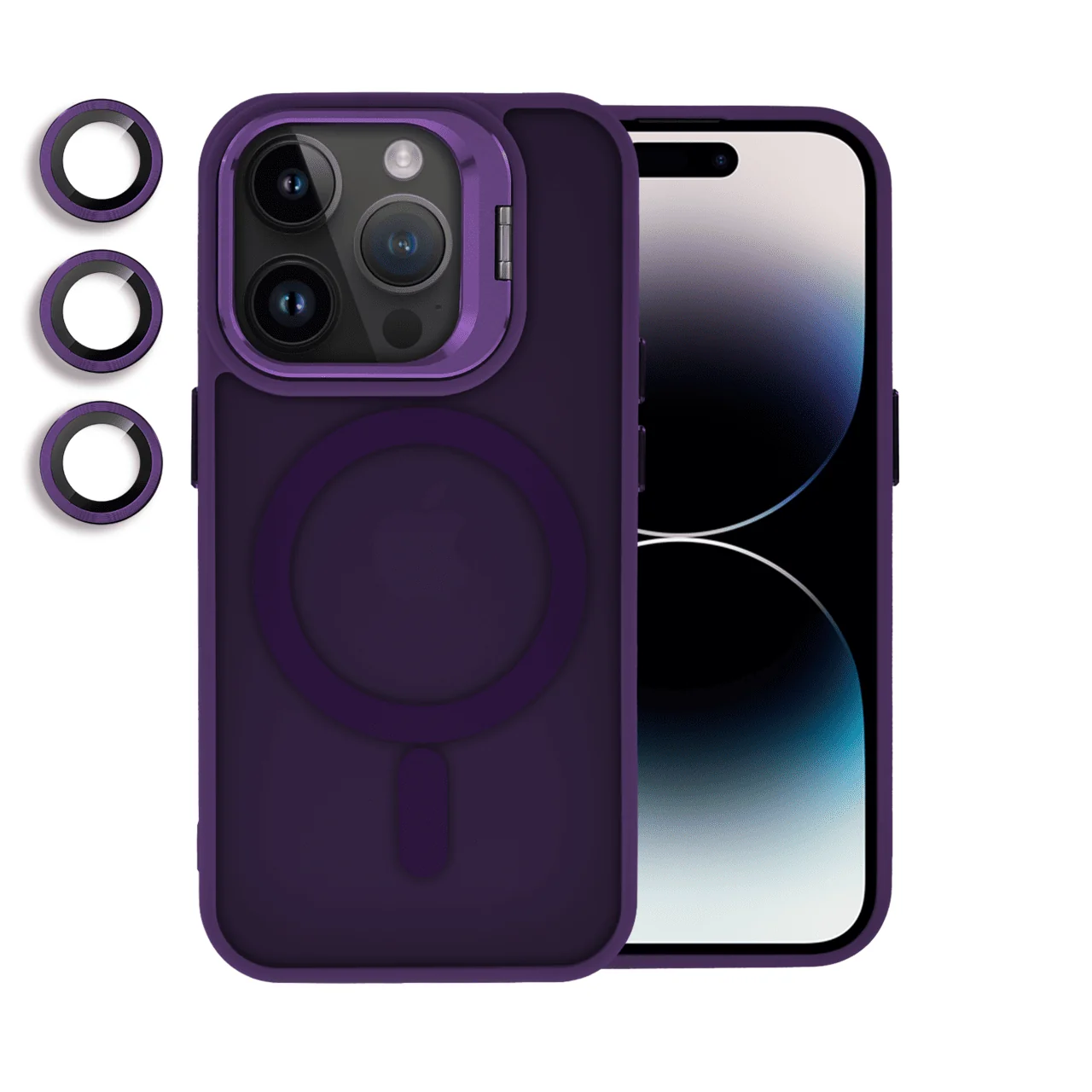 etui do iphone 14 pro max 3w1 arctic stand, półprzeźroczyste, z osłoną aparatu i podstawką, ciemno purpurowe