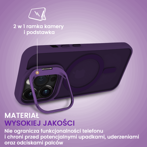 etui do iphone 14 pro max 3w1 arctic stand, półprzeźroczyste, z osłoną aparatu i podstawką, ciemno purpurowe