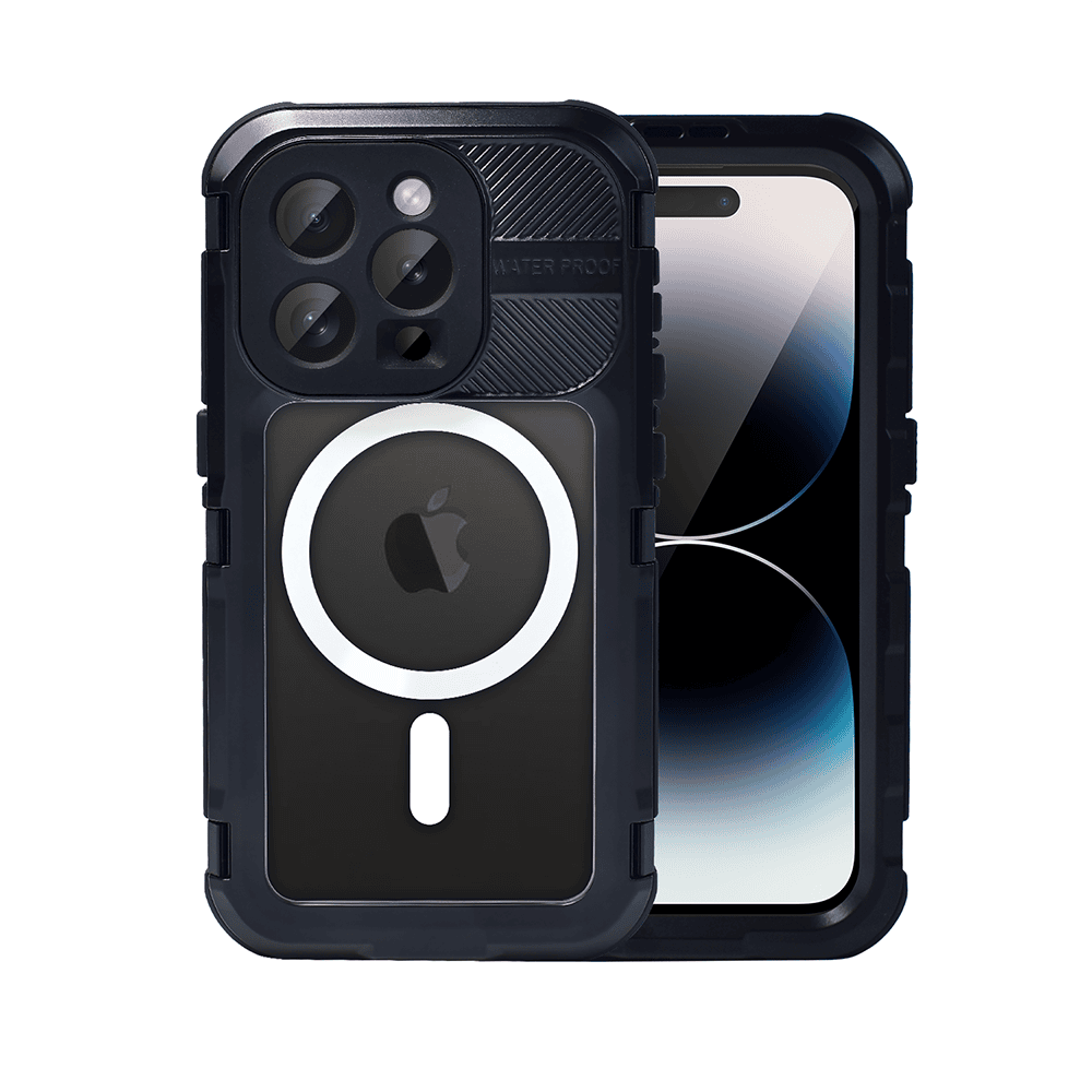 etui do iphone 14 pro max total protect z magsafe, wodoodporne, metalowe, przeźroczyste, czarne