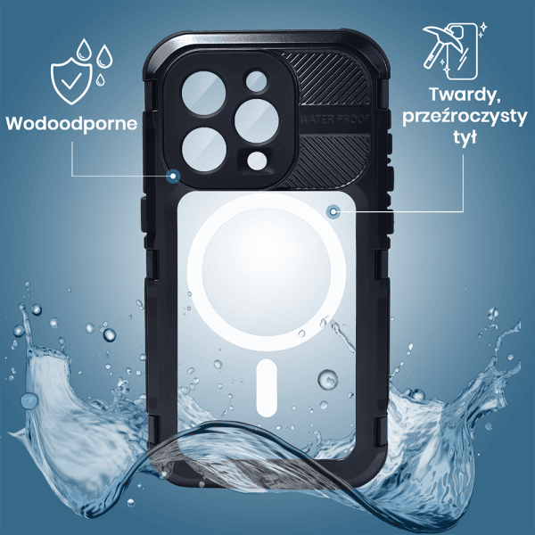 etui do iphone 14 pro max total protect z magsafe, wodoodporne, metalowe, przeźroczyste, czarne