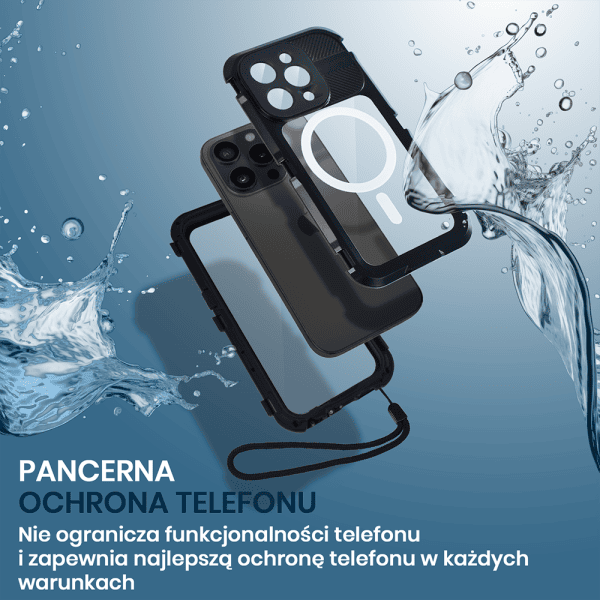 etui do iphone 14 pro max total protect z magsafe, wodoodporne, metalowe, przeźroczyste, czarne