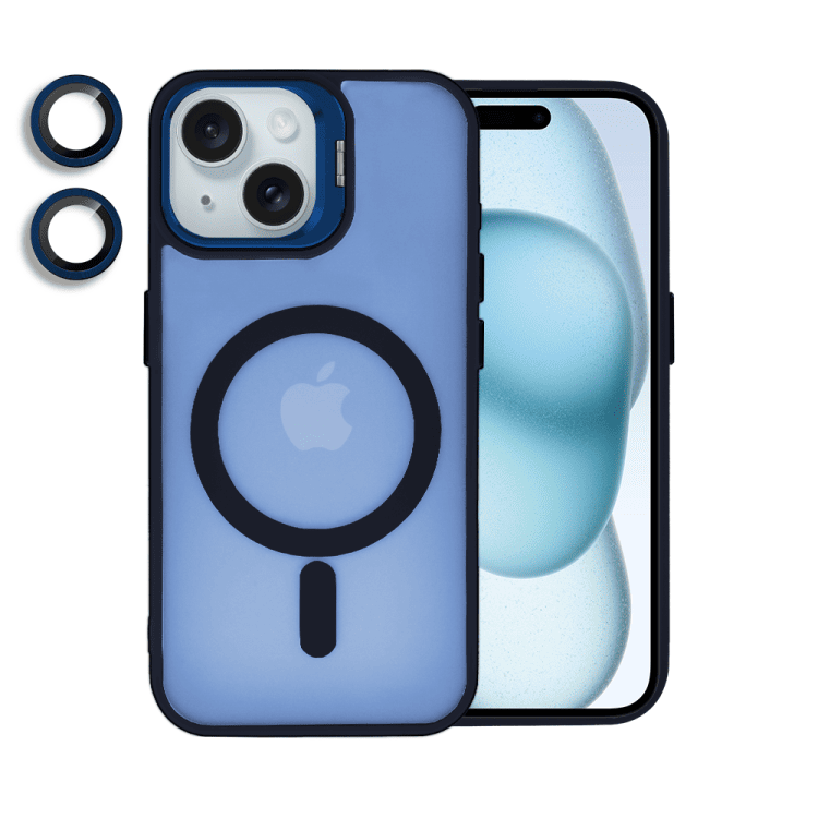 etui do iphone 15 plus 3w1 arctic stand, półprzeżroczyste, z osłoną aparatu i podstawką, granatowe
