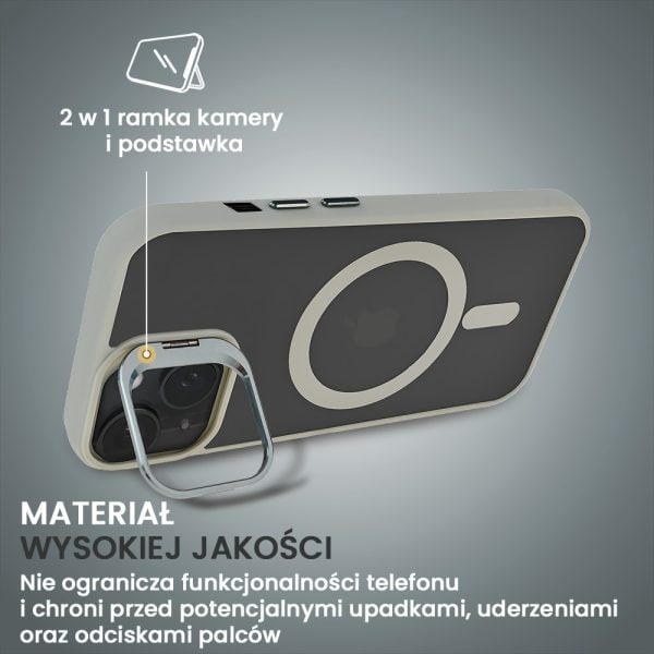 etui do iphone 15 plus 3w1 arctic stand, półprzeźroczyste, z osłoną aparatu i podstawką, tytanowe