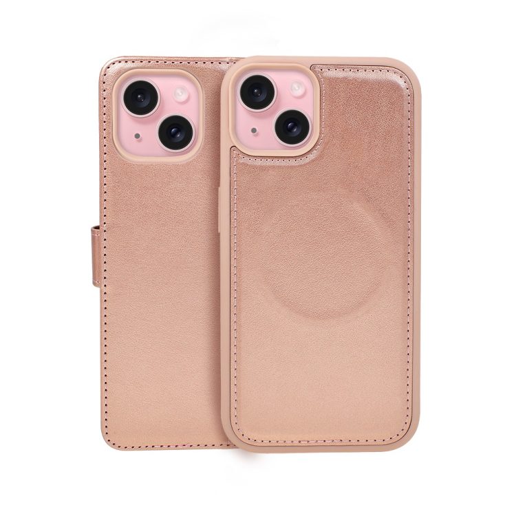 etui do iphone 15 plus 3w1 magsafe double book, zestaw etui oraz kabura z podstawką, różowe złoto