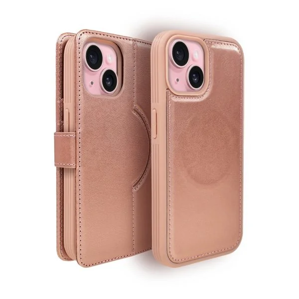 etui do iphone 15 plus 3w1 magsafe double book, zestaw etui oraz kabura z podstawką, różowe złoto