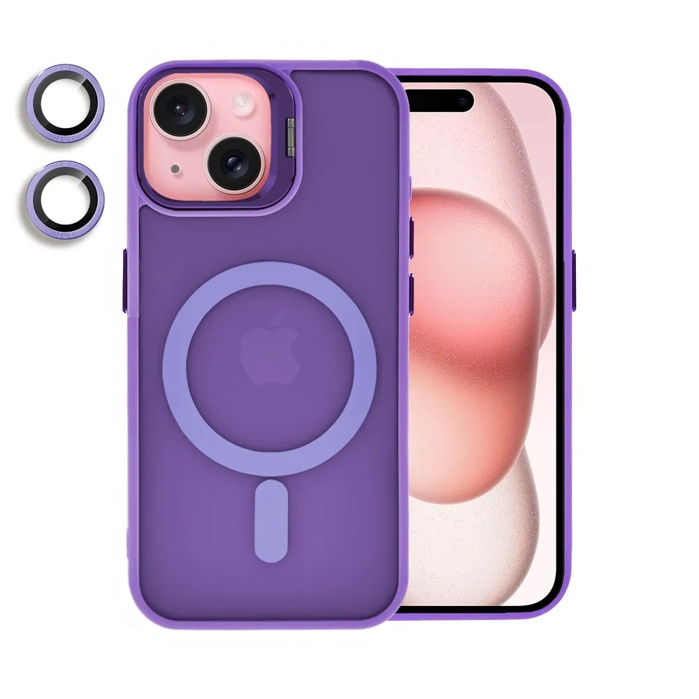etui do iphone 15 plus arctic stand, półprzeźroczyste, z osłoną aparatu i podstawką, purpurowe