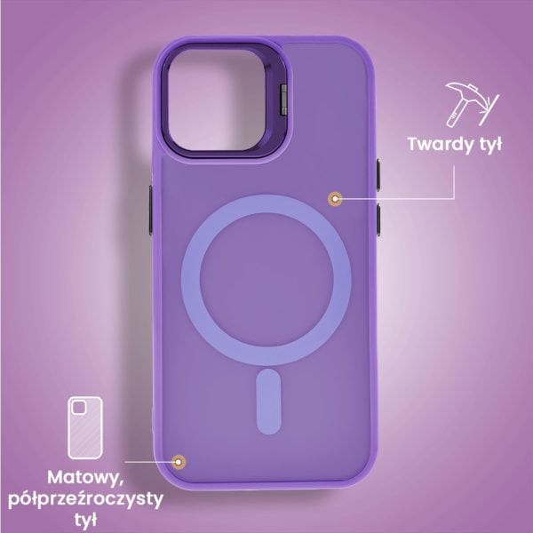etui do iphone 15 plus arctic stand, półprzeźroczyste, z osłoną aparatu i podstawką, purpurowe