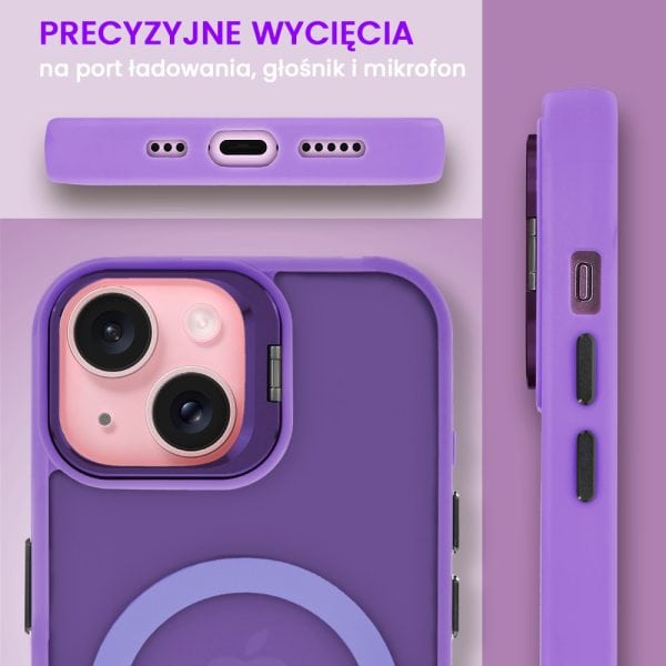 etui do iphone 15 plus arctic stand, półprzeźroczyste, z osłoną aparatu i podstawką, purpurowe
