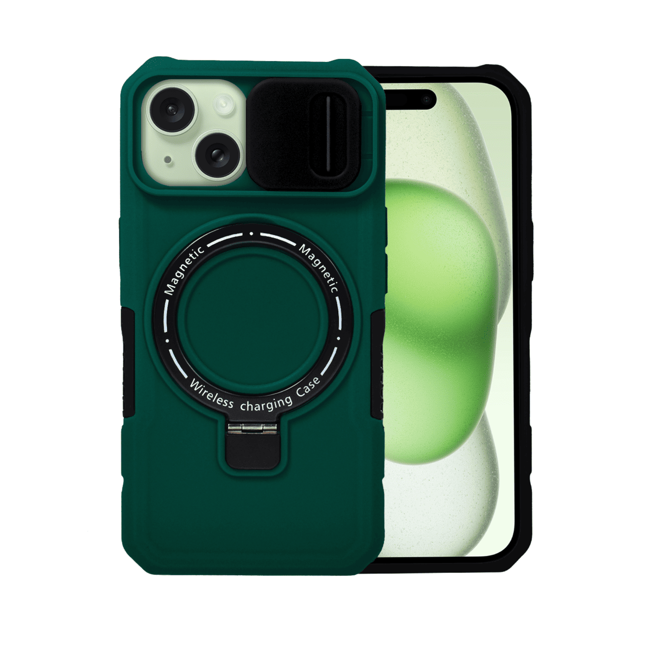 Etui do iPhone 15 Magsafe Slide Camera Stand pancerne, osłona kamery z podstawką, zielone