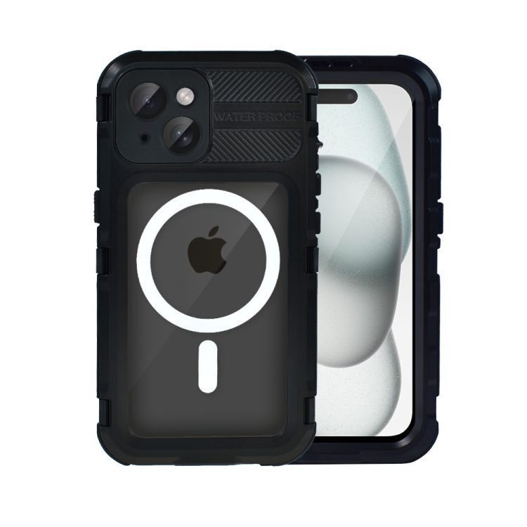 etui do iphone 15 plus total protect z magsafe, wodoodporne, metalowe, przeźroczyste, czarne