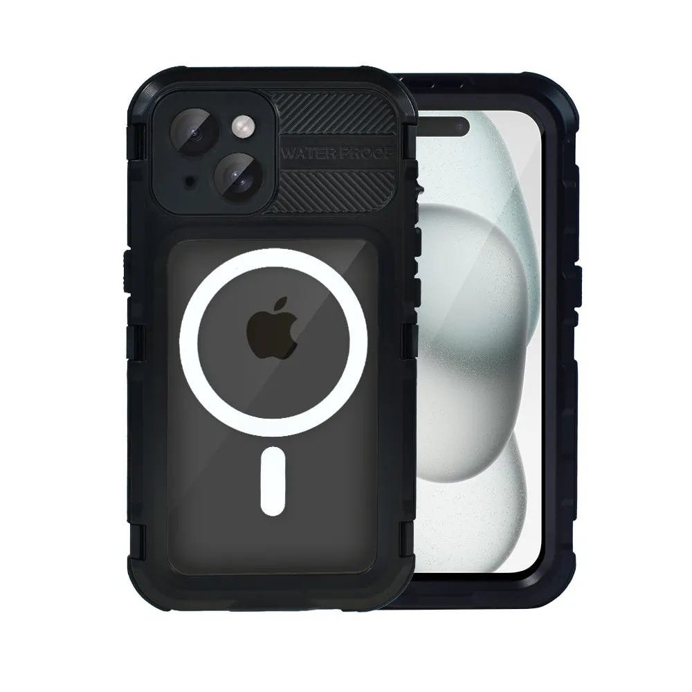Etui do iPhone 15 TOTAL Protect z Magsafe, wodoodporne, metalowe, przeźroczyste, czarne