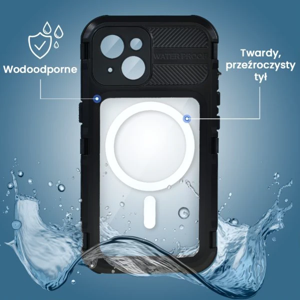 etui do iphone 15 plus total protect z magsafe, wodoodporne, metalowe, przeźroczyste, czarne