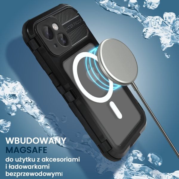 etui do iphone 15 plus total protect z magsafe, wodoodporne, metalowe, przeźroczyste, czarne