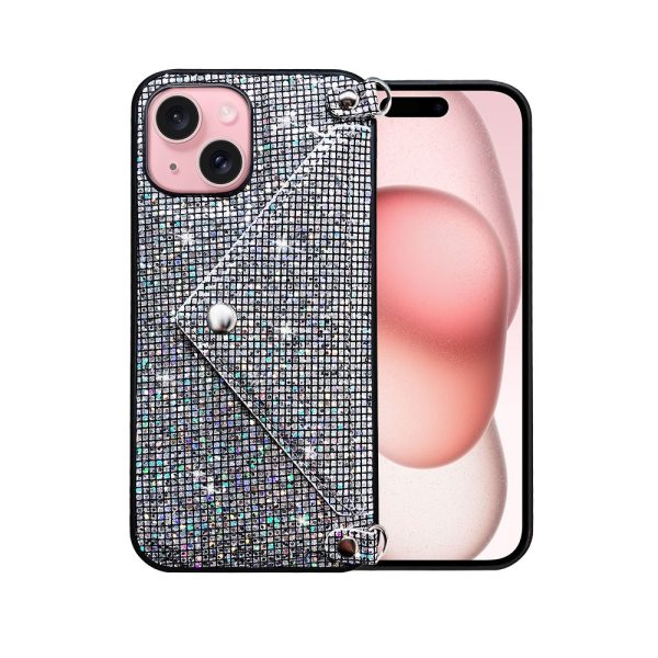 etui do iphone 15 plus, eleganckie, błyszczące, torebka z łańcuszkiem, srebrne