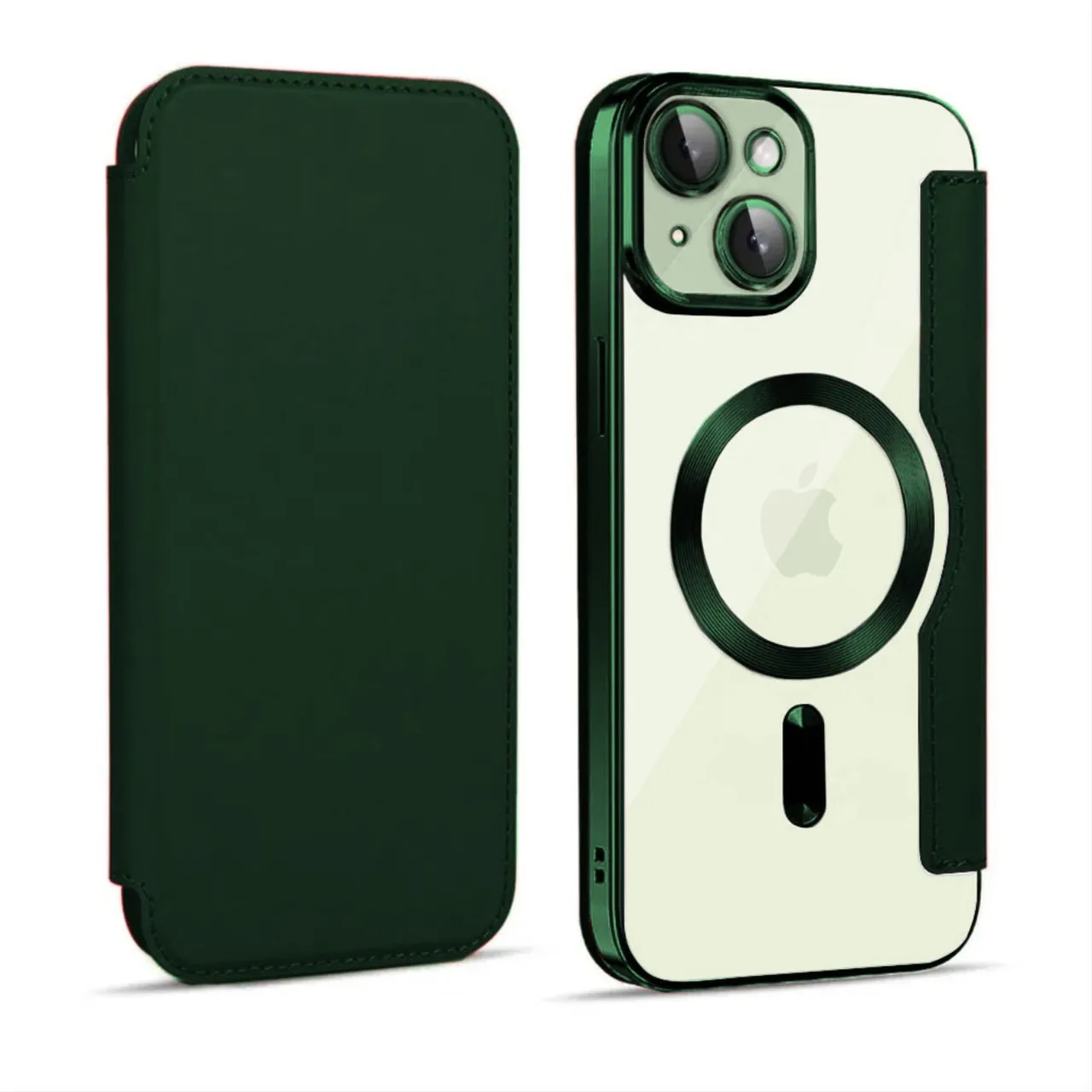 etui do iphone 15 typu książka book magsafe lens protect, z klapką, głęboka, zielone
