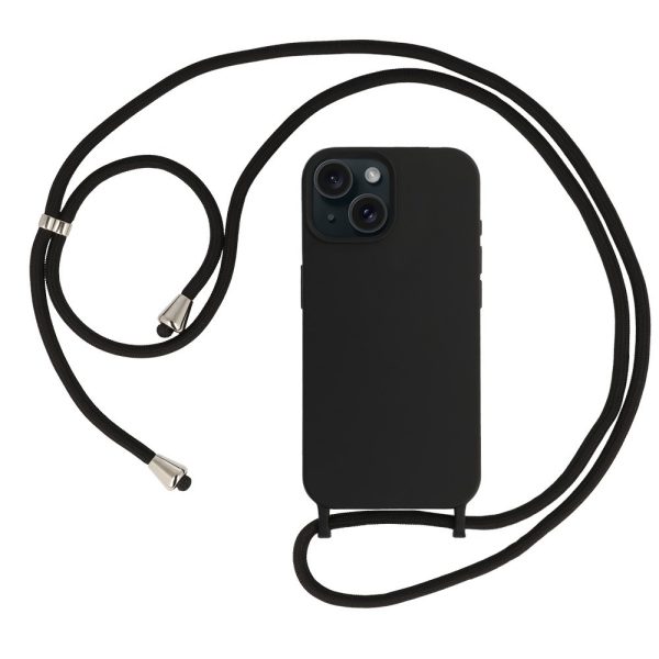 etui do iphone15 plus wzmacniane crossbody z czarną smyczą jak torebka, czarne