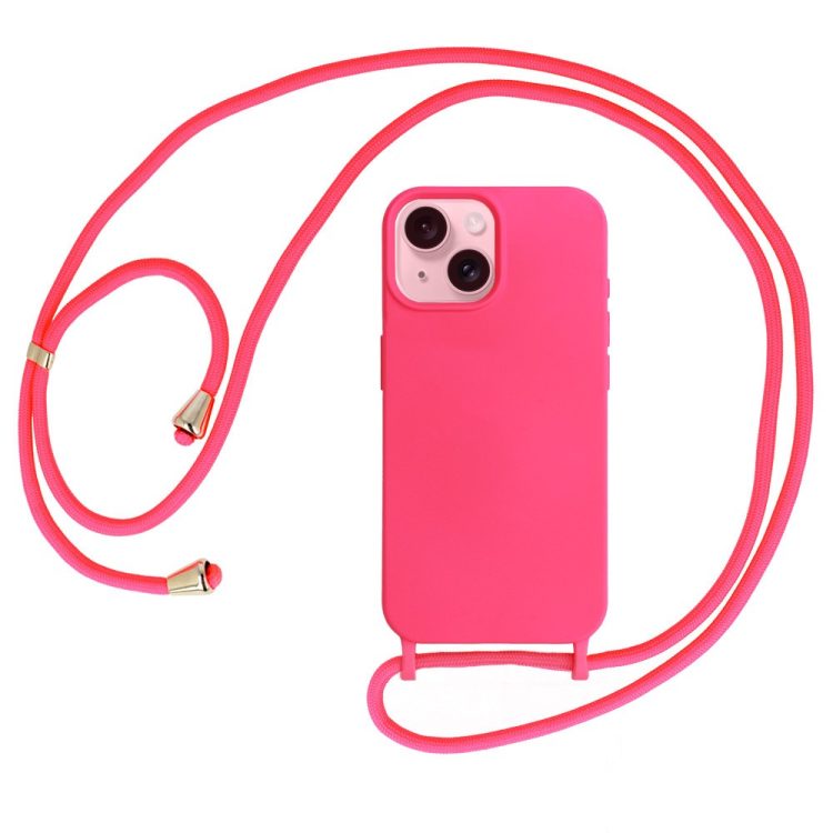 etui do iphone 15 plus wzmacniane crossbody z czarną smyczą jak torebka, różowe