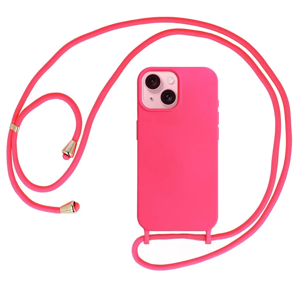 Etui do iPhone 15 Plus wzmacniane crossbody z różową smyczą jak torebka, różowe