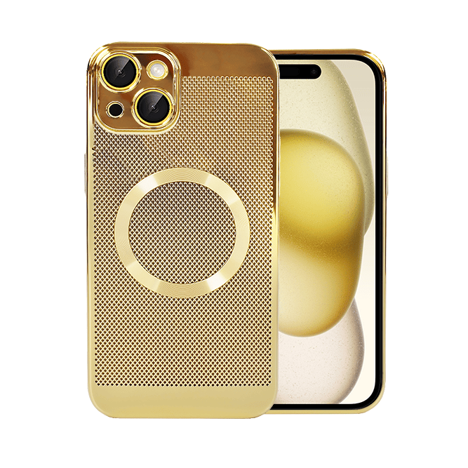 etui do iphone 15 z magsafe, cienkie, twarde, oddychające, z osłoną aparatu, złote