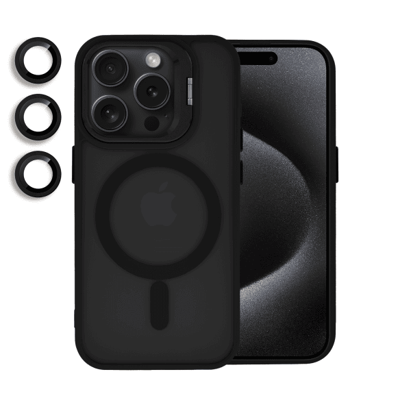 etui do iphone 15 pro max arctic stand, półprzeźroczyste, z osłoną aparatu i podstawką, czarne