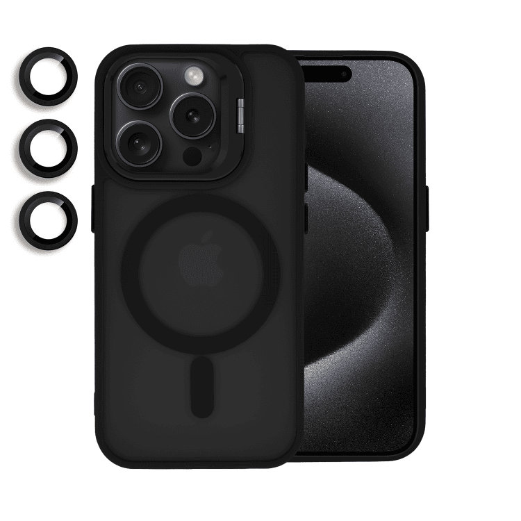 etui do iphone 15 pro max arctic stand, półprzeźroczyste, z osłoną aparatu i podstawką, czarne
