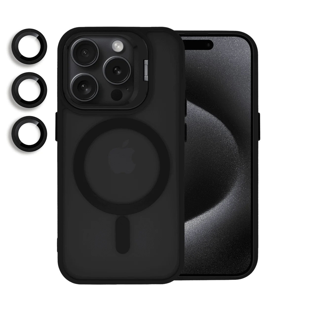 Etui do iPhone 15 Pro Arctic Stand, półprzeźroczyste, z osłoną aparatu i podstawką, czarne